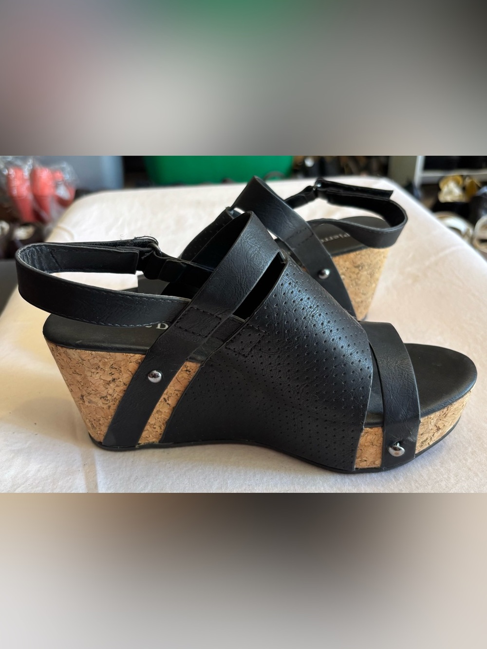 Pierre Dumas Black Peep Toe Cork Wedge Sandals with Stud Detail 6